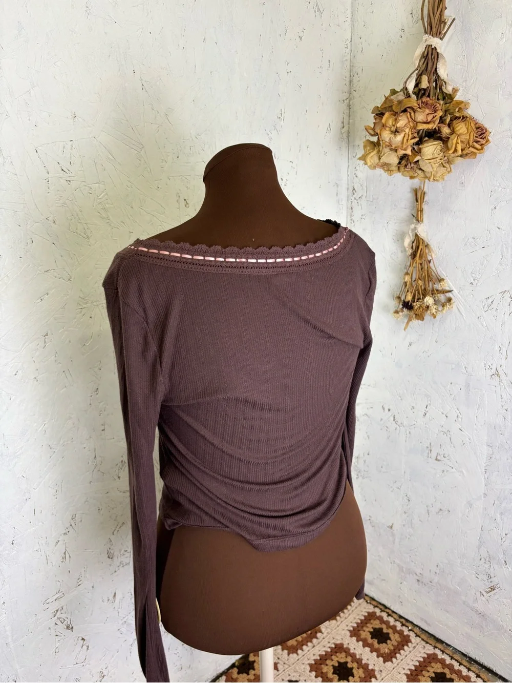 Free People Only You Ribbon Feminine V Neck Long Sleeve Brown Pink Medium